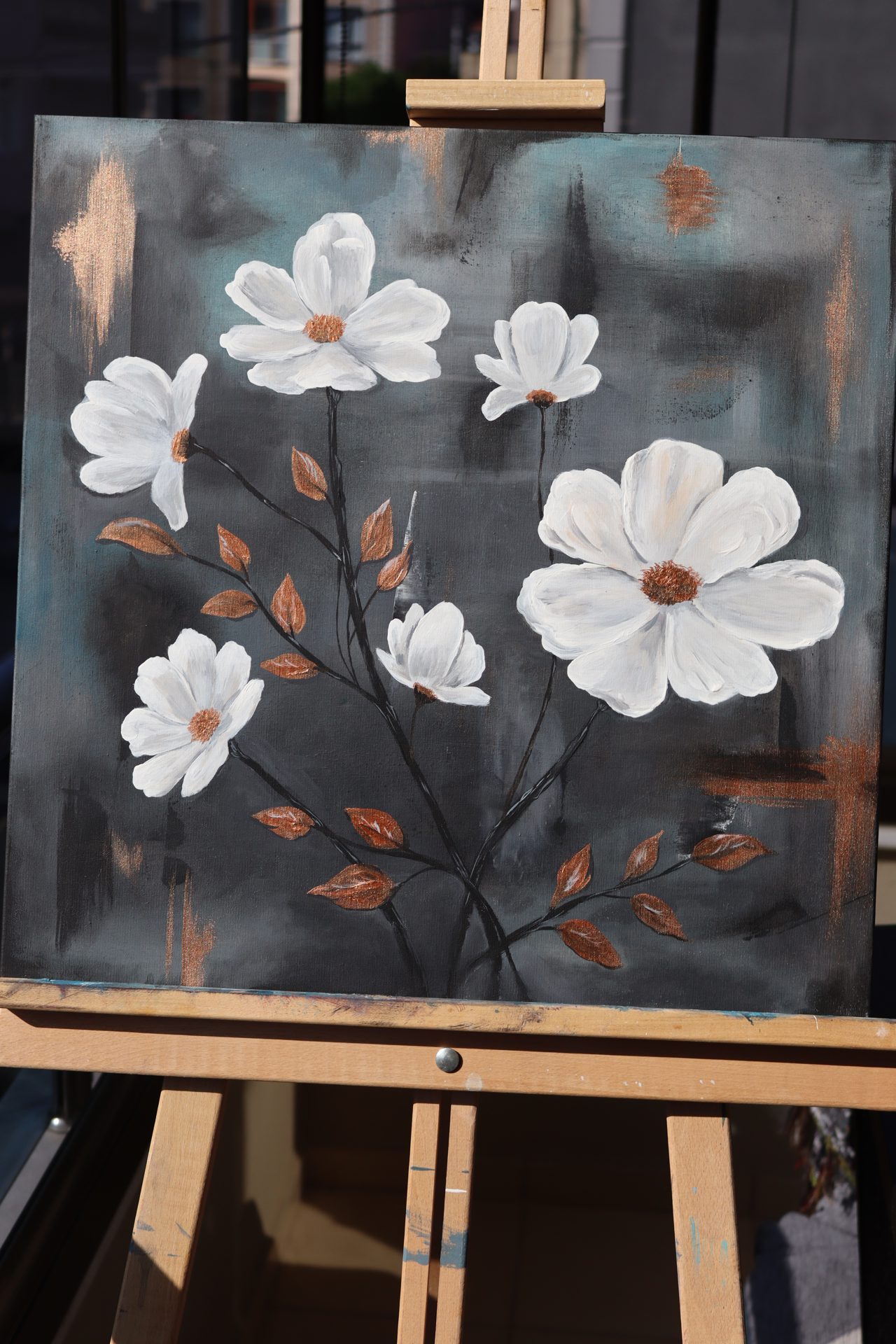 White Blossoms on Charcoal Oil Painting — White flowers with copper-toned leaves on a charcoal ground