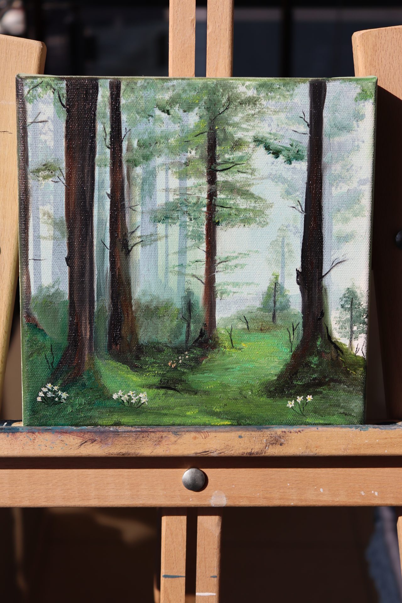 Misty Forest Mini Landscape Oil Painting — Soft light drifting through a misty forest with white wildflowers