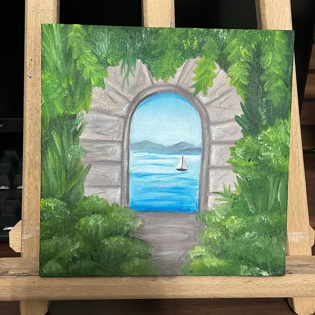 Mediterranean Archway to the Sea Mini Oil Painting — A view through a leafy stone archway onto a bright blue Mediterranean sea and a sailboat