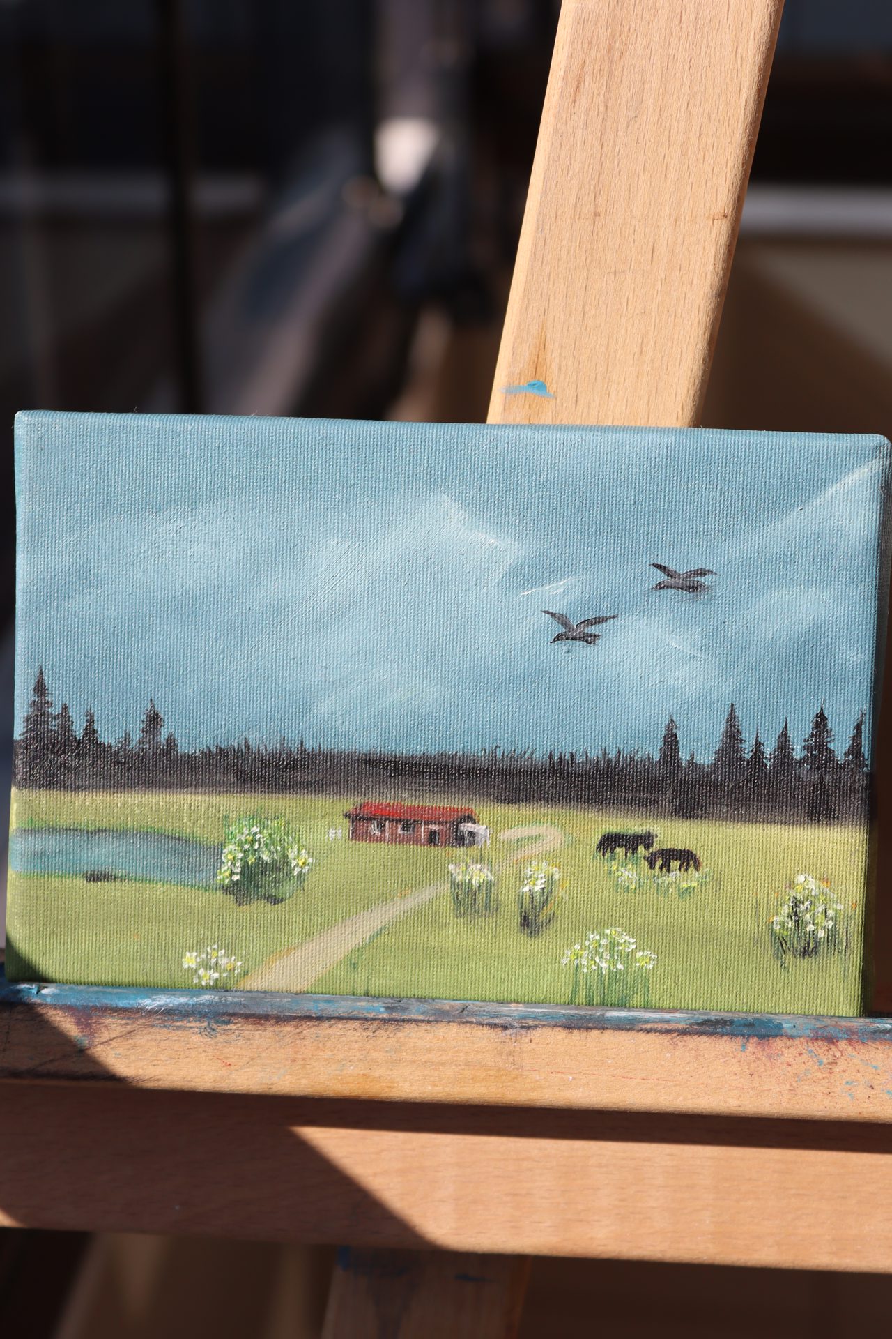 Countryside Cottage Mini Landscape Oil Painting — A red-roofed cottage, a pond and grazing horses in green fields