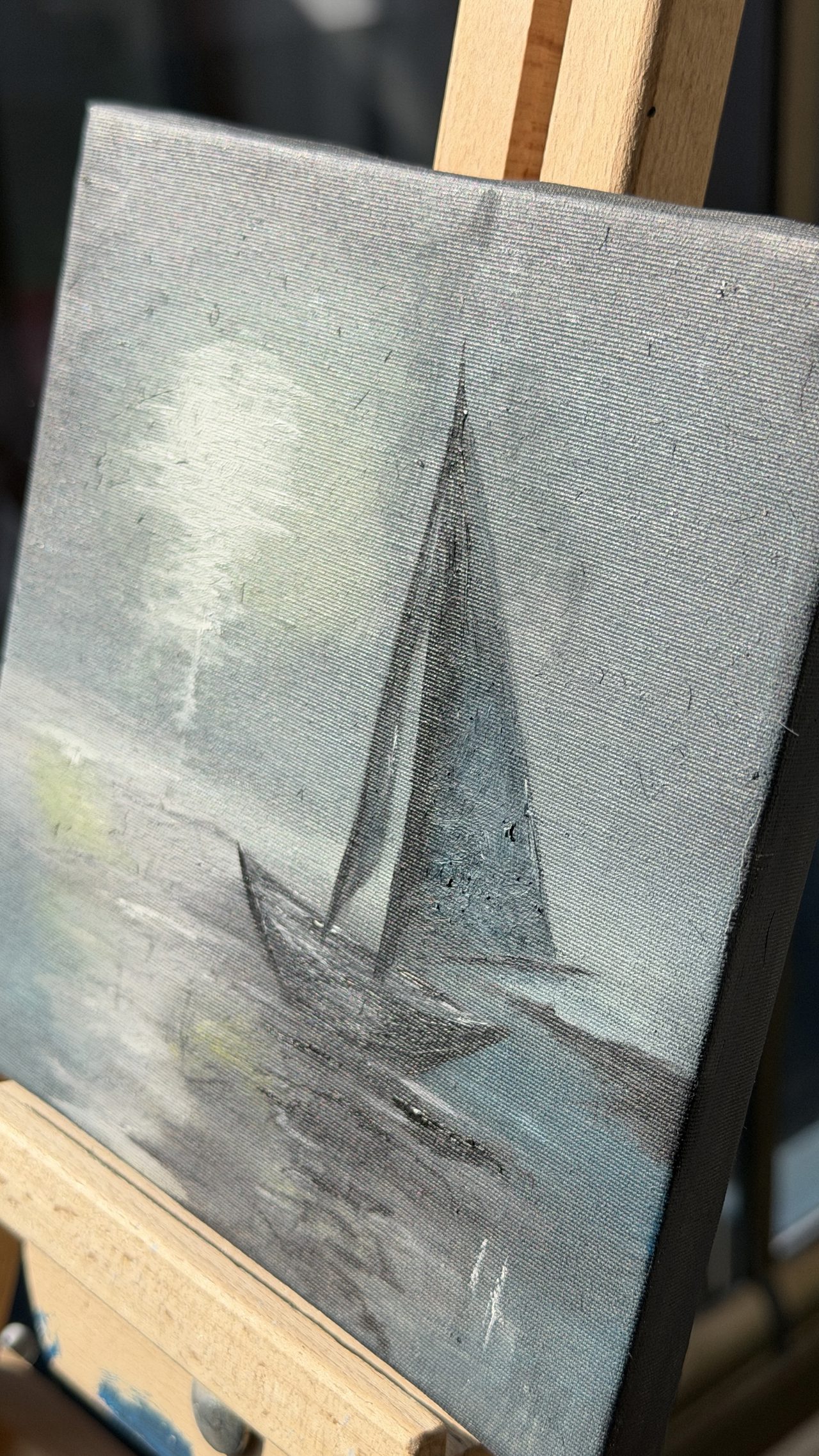 Moonlit Sailboat Mini Oil Painting — A sailboat silhouette on a misty sea under a glowing moon