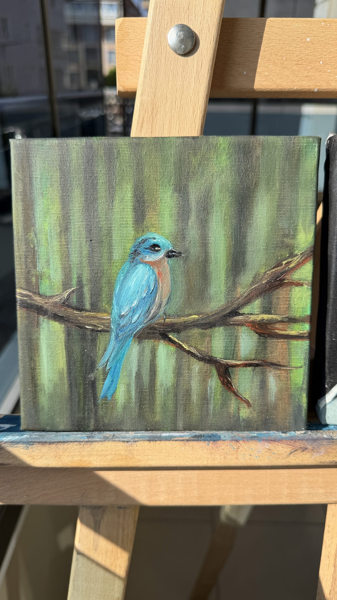 Bluebird on a Branch Mini Oil Painting — A small blue-and-rust bird perched on a branch against a soft green forest
