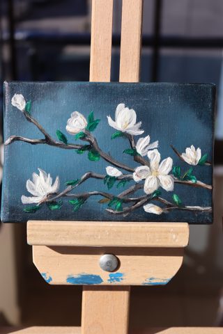 White Magnolia Branch Mini Oil Painting — White magnolia blooms on a deep navy ground, built up in rich impasto