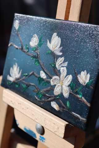 White Magnolia Branch Mini Oil Painting — photo 2