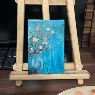 Pink Blossoms in a Vase Mini Oil Painting — Pink spring blossom branches in a vase on a turquoise ground