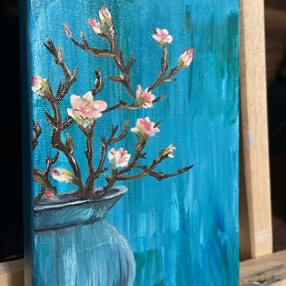 Pink Blossoms in a Vase Mini Oil Painting — photo 2