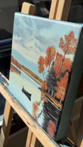 Rowboat on an Autumn Lake Mini Landscape Oil Painting — photo 4