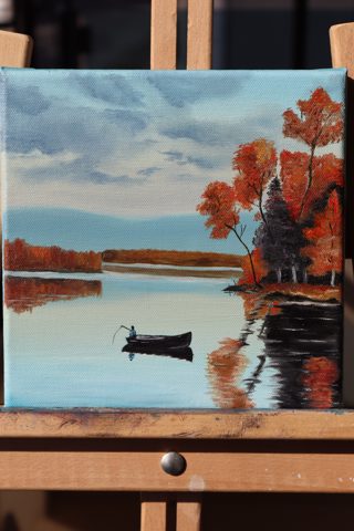 Rowboat on an Autumn Lake Mini Landscape Oil Painting — photo 2