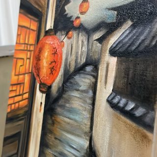 Red Lantern Alley Landscape Oil Painting — photo 3