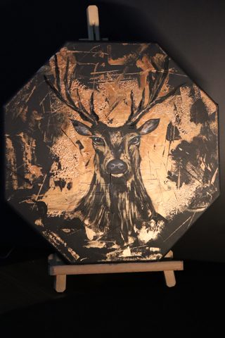 Metallic Stag Deer Oil Painting — A stag deer in shimmering bronze-metallic textures on a deep dark ground