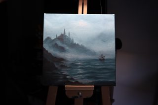 Misty Castle by the Sea with Sailing Ship Seascape Oil Painting — photo 2