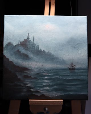 Misty Castle by the Sea with Sailing Ship Seascape Oil Painting — A spired castle rises from the mist by the sea as an old tall ship sails through the fog