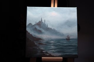 Misty Castle by the Sea with Sailing Ship Seascape Oil Painting — photo 3