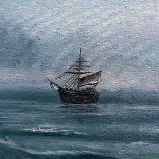 Misty Castle by the Sea with Sailing Ship Seascape Oil Painting — photo 4