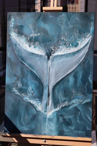Diving Whale Tail Oil Painting — A whale's tail diving into deep blue water, with raised impasto spray you can almost feel