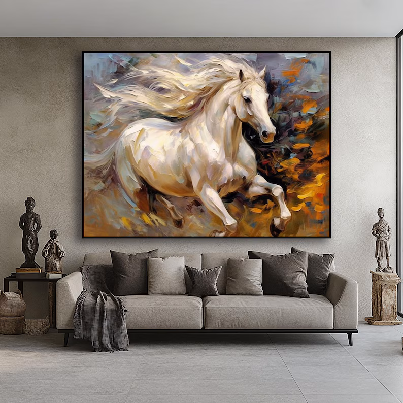 Hand-Painted White Running Horse Oil Painting: Abstract Autumn Forest Art — photo 3