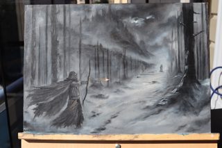 The Archer in the Mist Fantasy Oil Painting — A cloaked archer drawing a glowing arrow in a dark, misty forest