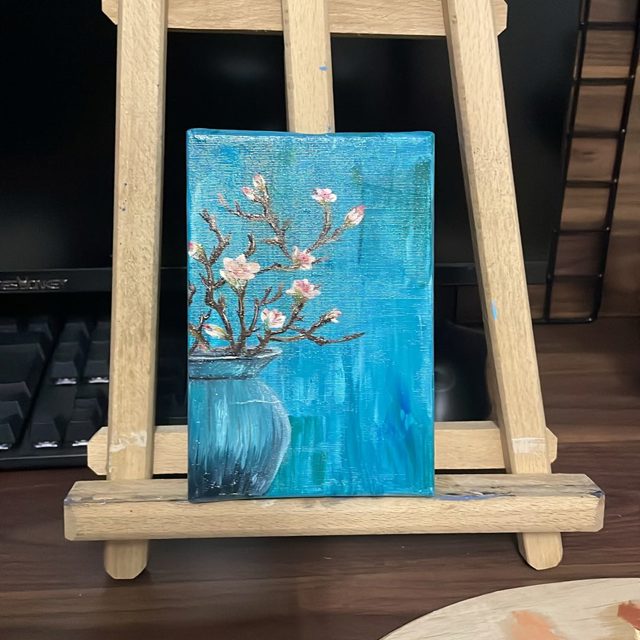 Pink Blossoms in a Vase Mini Oil Painting