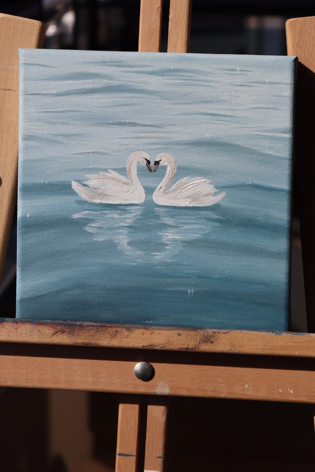 Two White Swans Forming a Heart Mini Oil Painting