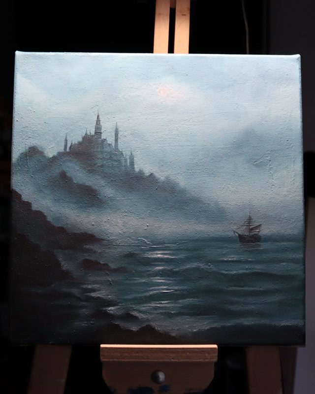 Misty Castle by the Sea with Sailing Ship Seascape Oil Painting